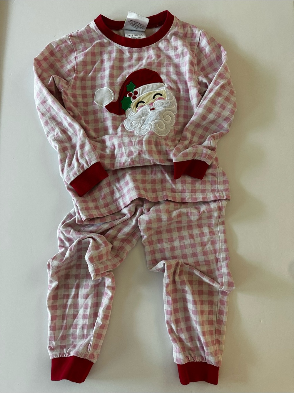 Classic Whimsy Girls' Pink Gingham Christmas Pajamas With Cheerful Santa 5T